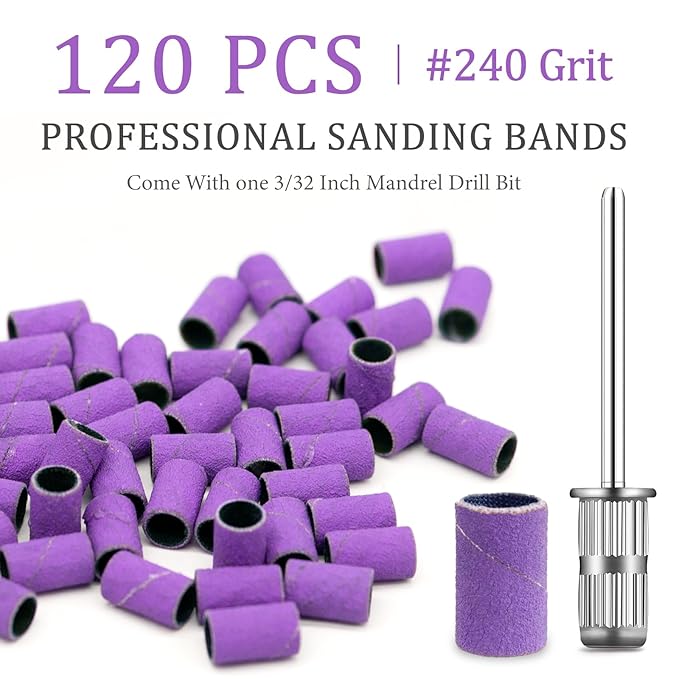 120Pcs Nail Drill Bits Sanding Bands with Nail Drill Bits, Professional Sand Band 240# Fine Grit Nail File Sanding Bands for Acrylic Nails Manicures and Pedicure