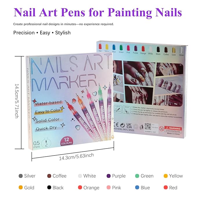12 Colors Nail Art Pens Set, Nail Art Markers for Painting Nails - 0.5mm Fine Tip Nail Pens for Nail Art, Water-Based Quick Dry Nail Art Supplies Kit, Solid Color DIY Nail Art Tools