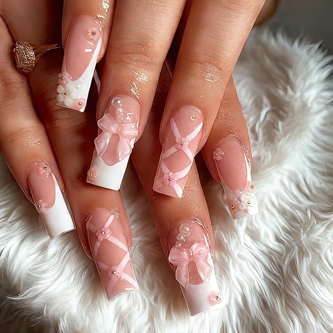 Press-on Nails,Long Rhinestone Pink False Nails, Square Glitter 3D Flower Fake Nails, Bowknot Artificial Nails The Noble Temperament of Women Girls' Fake Nails - 24 pieces (with Free Tool Kit)