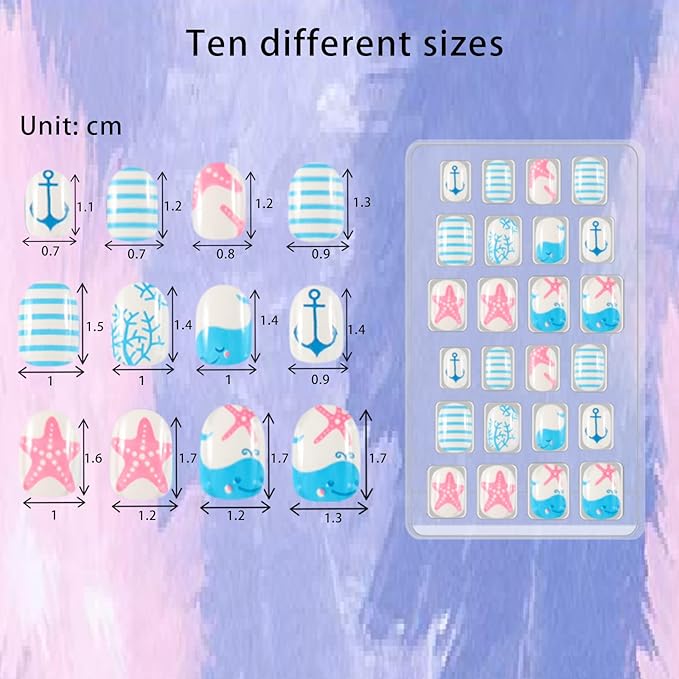 SIUSIO 120 Pcs 5 Pack Children Acrylic Fake Nails Press on Cute Pre-glue Full Cover Glitter Gradient Color Rainbow Short Kids Stick On False Nail Art Kits Set for Kids Little Girls - Azure Ocean Party