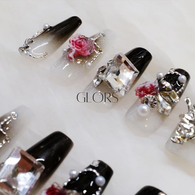 Handmade Press On Nails, Long Coffin Style, Black with 3D Butterfly and Rose Design, 10 Pieces (Small,LB)