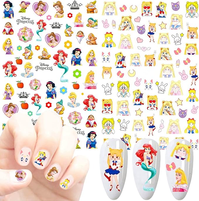 Cartoon Nail Art Stickers Cute Cartoon Nail Decals 3D Self-Adhesive Nail Art Supplies Designer Nail Stickers for Women Acrylic Nails Decoration Accessories 7 Sheets