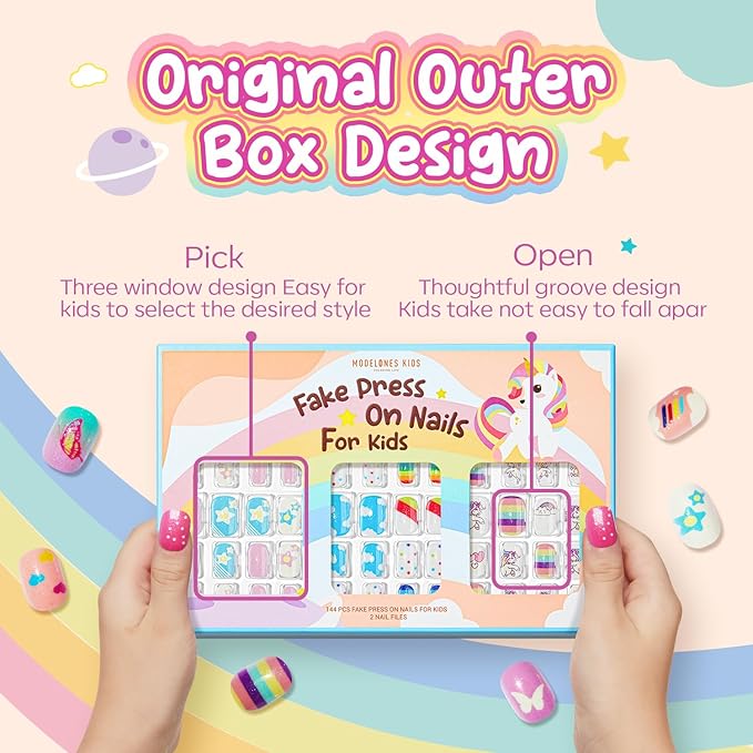 Modelones Press on Nails for Kids 144Pcs 6 Pack Children Acrylic Fake Nails Pre-glue Full Cover Glitter Color Starts Unicorn Butterfly False Nail Kits Sets Thanksgiving Christmas Gifts for Girls