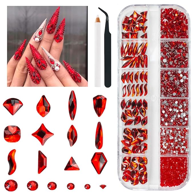 2052Pcs Red Nail Rhinestones 72 Multi Shapes Siam Red Rhinestones for Nails Flatback Nail Gems K9 Glass Round Ruby Red Beads Stones Diamonds Nail Charms Art for Nails Faces Eyes Makeup Crafts