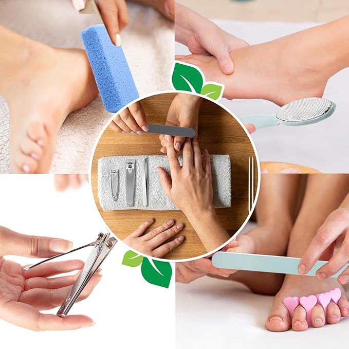 Earth & I 11 Pcs Pink Manicure Pedicure Kit, Mani Pedi Kit for Women, Nail Clippers for Ingrown Toenail, Heel Scrubber, Callas Remover for Feet, Foot Pumice Scrubber, Nail File Buffer, Nails Clippers