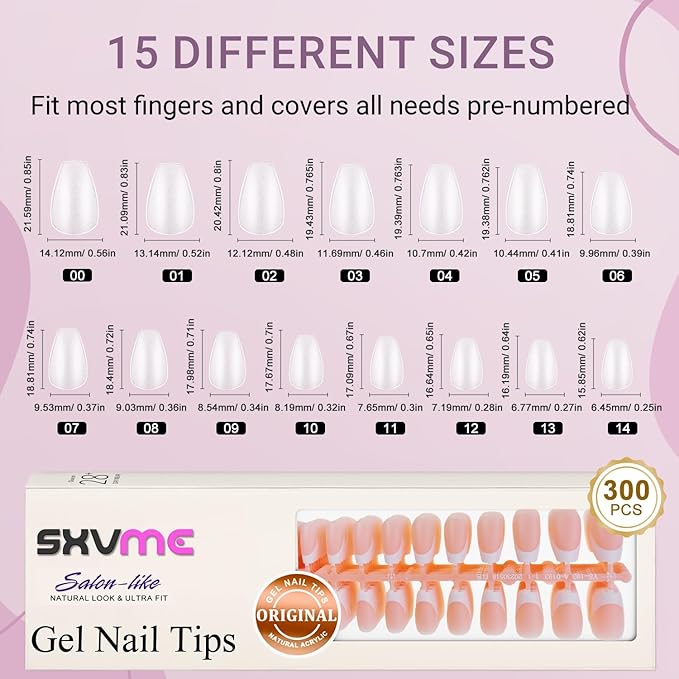 Gel French Tip Nails Short Coffin French Tip Press on Nails SXVME White French Nail Tips 300Pcs Pre-applied Tip Primer Natural Nude Pink Fake Nails Extensions Gel Nail Kit for Women Girls DIY