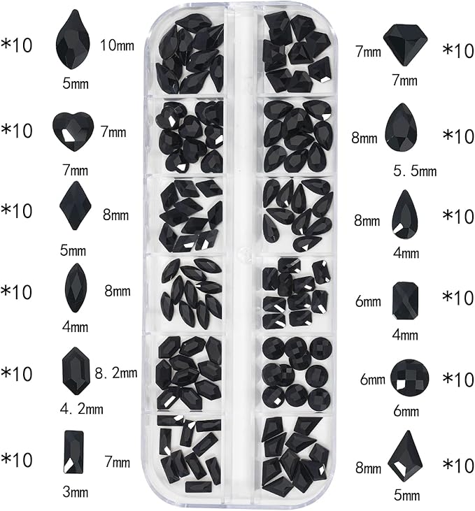 Nail Rhinestones - 3D Multi Shape Size, Flat Back, Manicure Rhinestones Charms, Crystal Black Gems, with Kit, for Nail Art, Bedazzling Acrylic Nails, DIY Decor