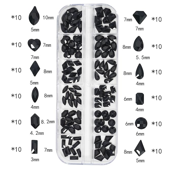 HNUIX Nail Rhinestones - 3D Multi Shape Size Crystal, Black Nail Gems, Flat Back, with Kit, for Nail Art, DIY Decorations