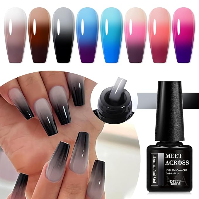 MEET ACROSS 8Pcs Color Changing Gel Nail Polish Set Fall Winter Nude Brown Grey Temperature Mood Changed Gel Polish Blue Pink Nail Art Design Gifts for Women Girls