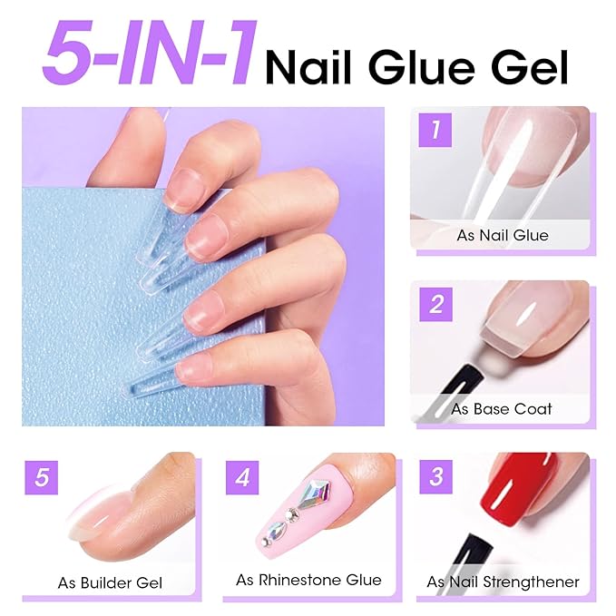Gellen 5 in 1 Nail Glue for Nail Tips, 15ML Curing Needed UV Glue Gel for Clear Press on & Acrylic Nails, 28+ Days Long Lasting Adhesive Gel, DIY Home Salon Manicure