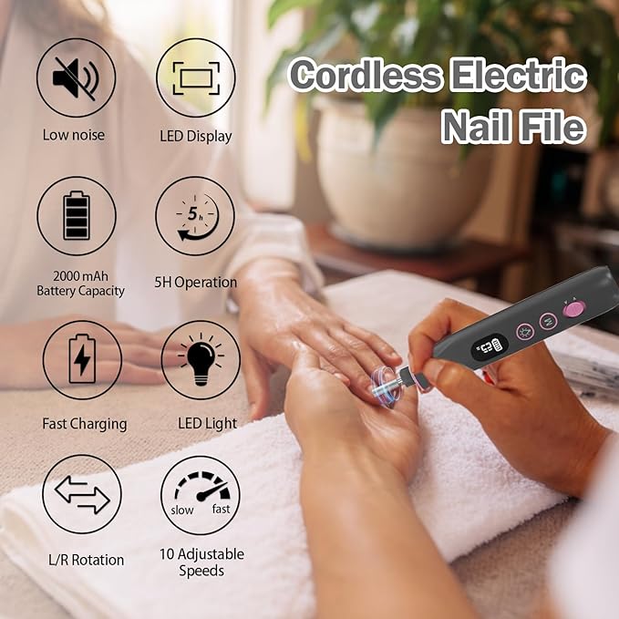 Electric Nail File, 10 Speeds Cordless Nail Drill with LED Light, Portable Manicure Pedicure Kit for Acrylic Gel Nails Thick Toenails Nail Grind, Hand Natural Nails Care - 10 Bits & 120 Sanding Bands