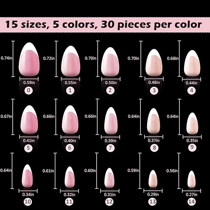 French Tip Press on Nails Short Almond Full Cover Thick Fake Pre-shaped Acrylic Nail Tips, 5 Colors, Manicure Salon & DIY at Home 150 PCS 15 Sizes