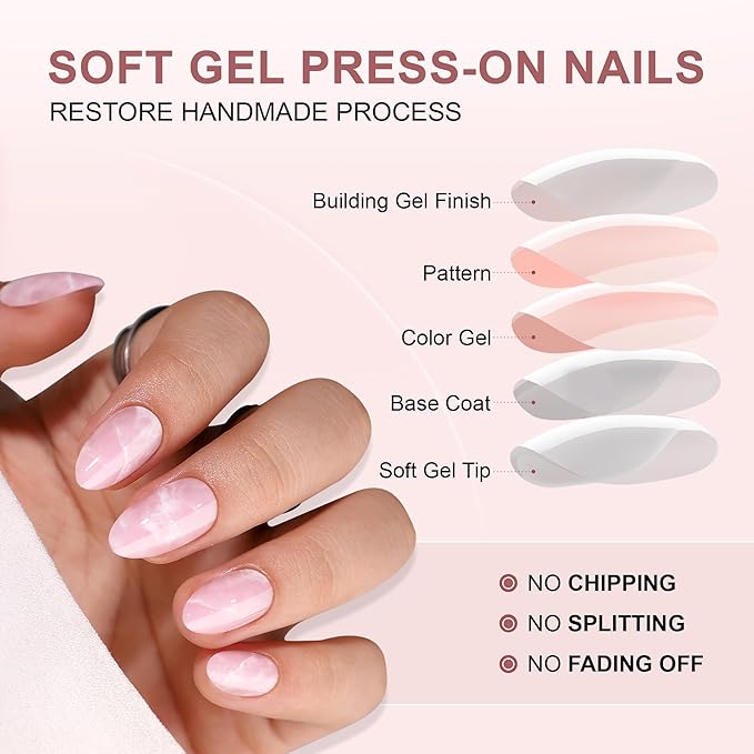 Gel Press On Nails Short- Almond Press On Nails, Short Fake Nails with Marble Designs, Artificial Nails 16 Sizes - 32Pcs Reusable Soft Gel False Nails Tips Kit，Glue On Nails Short
