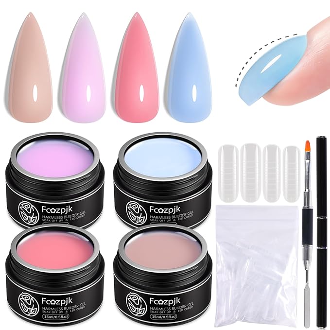 Builder Gel for Nails, 4 Colors Thickening Builder Nail Gel Pink Violet Baby Blue Camouflage Apex Building Nail Strengthener Gels Kit with Brush Pen Dual Forms UV Curing Extension Manicure