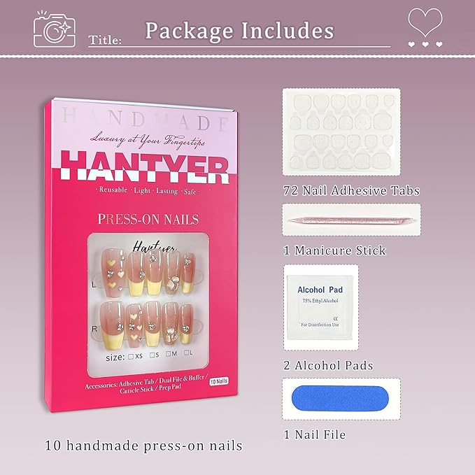 Ballet Press On Nails Medium Coffin 10PCS with Tools Kit,Handmade French Blush Pink Nails with Milky Tip, Heart Design & Glitter Gradient Fake Nails,Cute Korean Style False Nails(Size M)