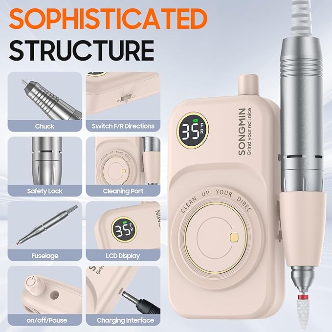 Professional Nail Drill 35000 RPM,SONGMIN Portable Cordless Efile with Bits Kit for Acrylic Nails Gel Polishing Removing,Rechargeable Electric Nail File Machine for Manicure,Pedicure Salon Home,Pink