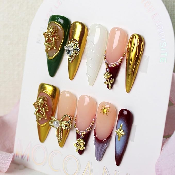 Handmade Press on Nails French Tip False Nails with Golden Little Angel Design - Luxury Gold Vintage 3D Rose Bow Full Cover Reusable Medium Almond Acrylic Nail Tips Thicked Stick on Nail for Women (M)