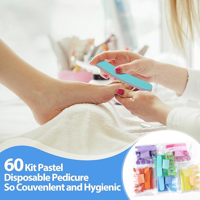 60 Sets Disposable Pedicure Kit Individually Package 5 in 1 Pedicure Tools Pumice Stone for Feet 80/100 Grit Nail File Mini Buffer Block Toe Separator Cuticle Pusher Clear Bag for Salon Home