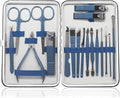 18 Pieces of Stainless Steel Nail Trimming and Beauty Kits - Nail Clippers, Nail Files, Tweezers, Nose Scissors, Eyebrow shavers, Ear Spoons, Blue Leather suitcases.