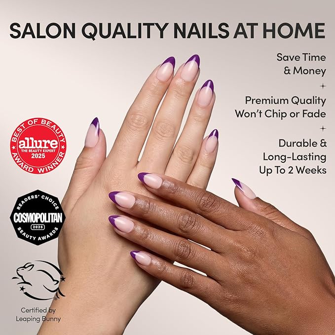 Glamnetic Press On Nails - Plum | Semi-Transparent Dark Purple French Tip Short Almond Fake Nails in a Glossy Finish, Salon Quality | 15 Sizes - 30 Nail Kit