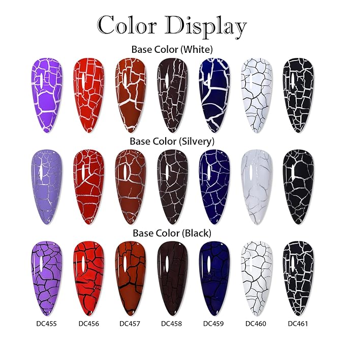 MTSSII 12pc Crackle Gel Nail Polish Set - 7 Colors: Red, Purple, Orange, Pink, Green, Blue + White, Silver, Black - Quick Dry Nail Art Kit - Fall Gift for Women