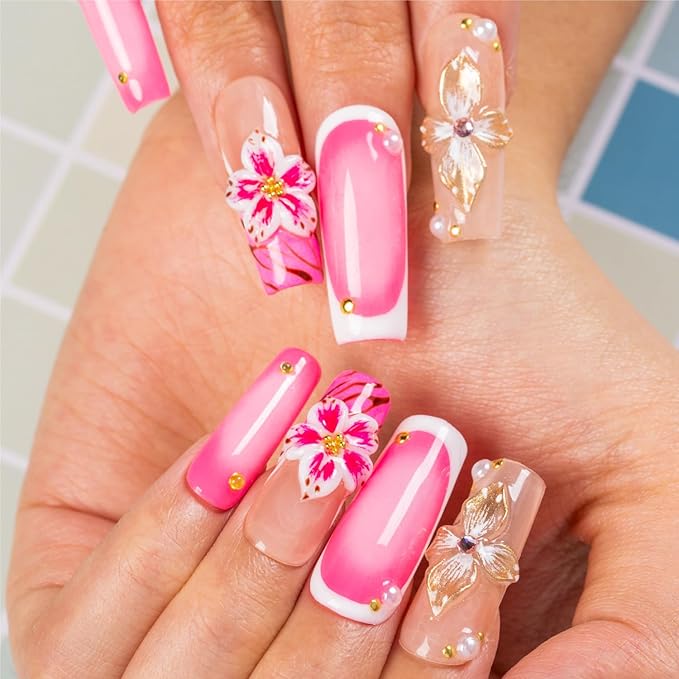 LOVFUL Short Press on Nails Rosewater Bloom | Handmade Acrylic Press ons | Reusable Fake Nails | Square Classic Regular 1.3 in | H499-M