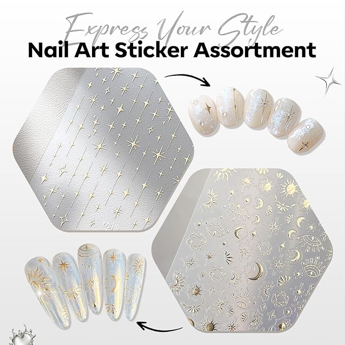 Modelones Gold Gel Polish Nail Stickers 3D Self-Adhesive Nail Decals Gold Line Star, Laser Heart & Star Sparkle, Moon Nail Art Holiday Christmas DIY Nail Stickers for Women & Kids 5Pcs