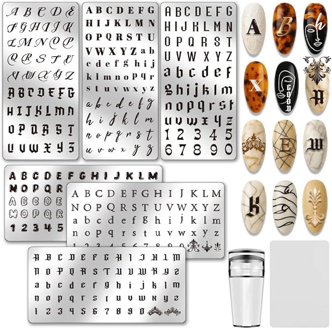 PH PandaHall 6pcs Letter Nail Stamping Plates Alphabets Patterns Nail Art Design Number Nails Art Stencil Personalized Typeface Manicure Image Plate for Women DIY Print Manicures Salon Supplies