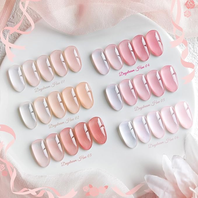 Born Pretty Jelly Pink Gel Nail Polish Set,Valentine's Day Nude Pink Translucent Gel Polish,6 Transparent Sheer Colors Soak Off U V Light Cure Gel Polish Kit Nail Art Manicure DIY Kit Home Salon 7ML