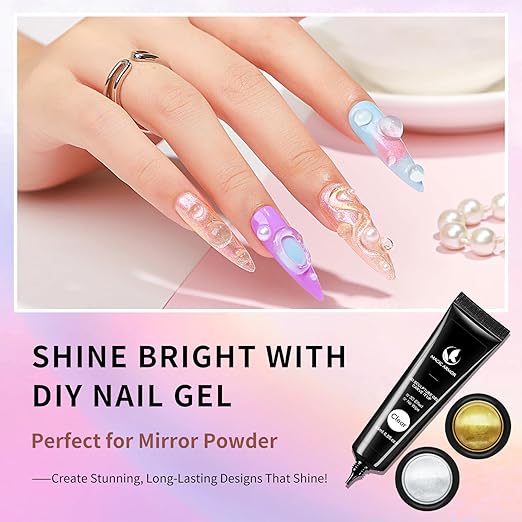 15g 3D Nail Gel and Chrome Powder Kit, Sculpting Gel Nail Art Glue for Art Designs DIY Craving Molding for Decoration Manicure Pedicure Use