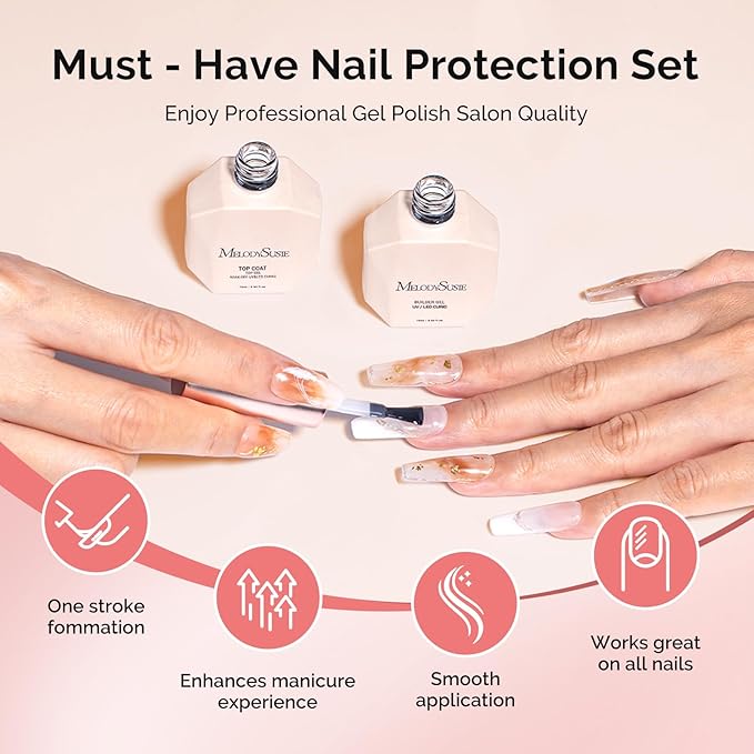 MelodySusie 2PCS 15ML Clear Builder Nail Base Gel & Top Coat Set, Shine Finish and Long Lasting, for Nails Thickening Apex Building, UV Extension Gel for Nail Art Design Salon DIY Manicure at Home