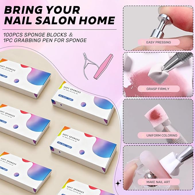 100Pcs Soft Sponges for Ombre Painting Gel with Grabber, Professional Accessories for Ombre Gradient Painting Nail Gel Kit, Manicure DIY Tools (100PCS Sponges & Grabber)