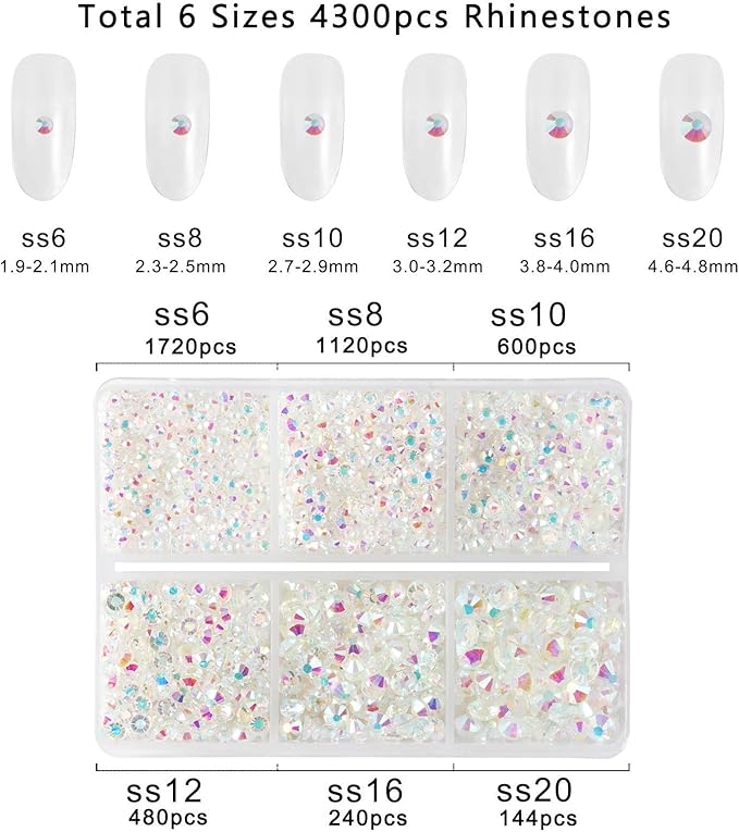 Beadsland 4300pcs Flatback Rhinestones,Transparent AB Rhinestone Nail Gems Round Crystal Rhinestones for Crafts,Mixed 6 Sizes with Picking Tweezers and Wax Pencil Kit, SS6-SS20,Transparent AB