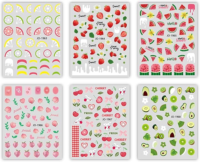 6 Sheet Fruit Nail Sticker for Nails Art 3D Embossed Self-Adhesive Cute Peach, Cherry, Lemon, Watermelon, Strawberry, Avocado Nail Decal Design Supplies for Women DIY Manicure Art Decoration YX1243