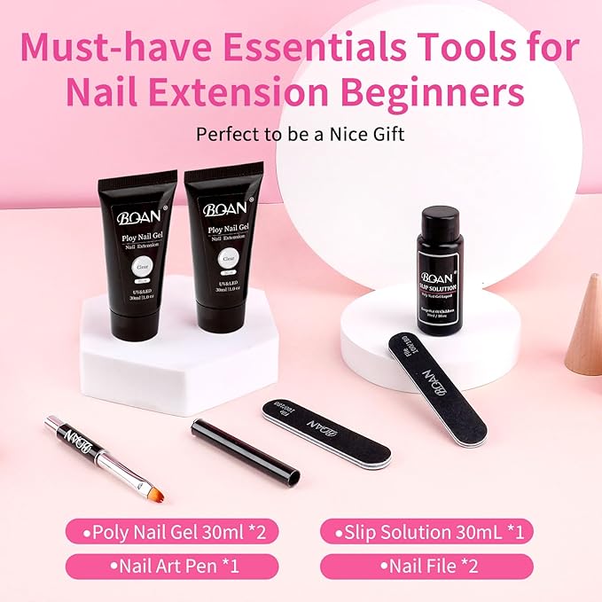 BQAN Poly Nail Gel, 2 Pcs Clear Poly Extension Gel (30ml) with Slip Solution & Brush, for Long-Lasting Nail Extensions | Builder | Salon-Quality DIY & Home Use (Clear)