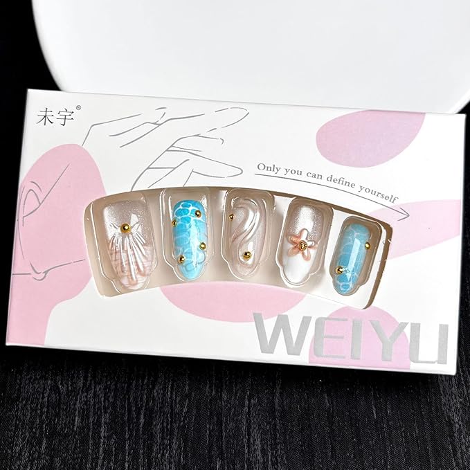 30Pcs Handmade Press on Nails Medium Almond Fake Nails 3D Gold Beads Stick on Nail French Tip Ocean False Nails with Shell Water Ripples Designs Reusable Full Cover Acrylic Nail for Women