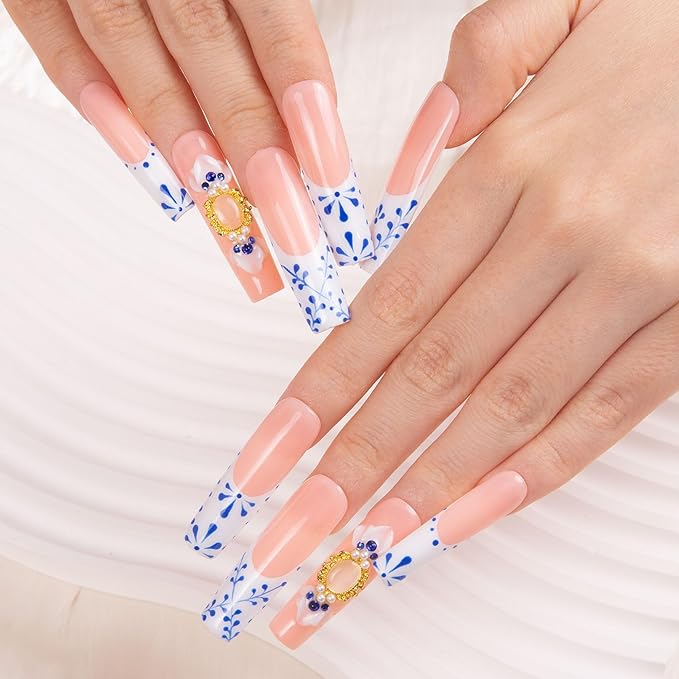 LOVFUL Press on Nails Porcelain Blue| Handmade with Full Covered Crystals| Reusable Fake Nails| Square Mid length 1.7in| H273-S