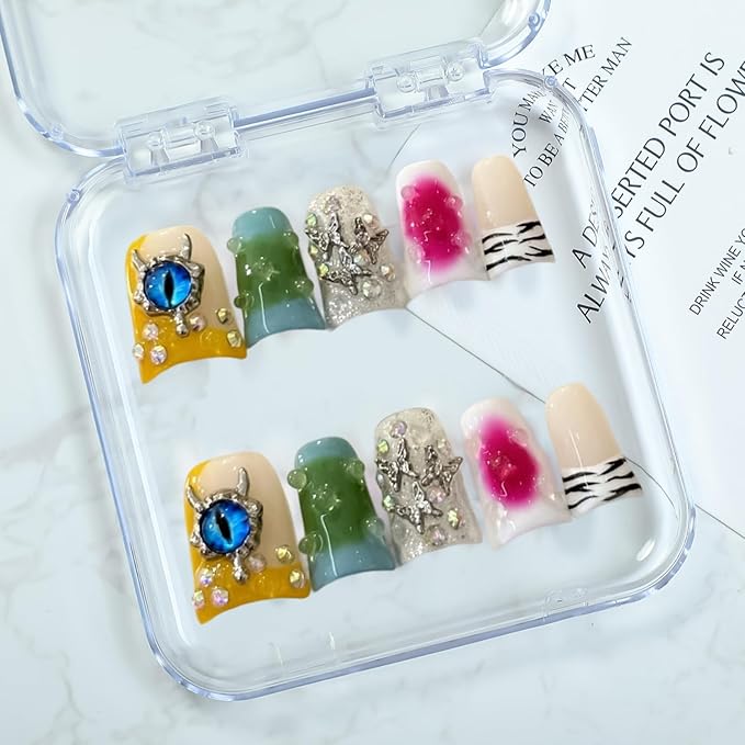 Handmade Press on Nails Luxury Rhinestone Design Medium Duck Fake Nails Eyes Charms False Nails with Glue,Muti-Layer Gel Thick Press ons Nail Reusable Acrylic Nails for Women(Size S)