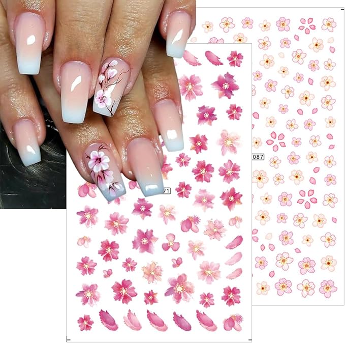 8Pcs Cherry Blossoms Nail Stickers 3D Self Adhesive Pink Flower Nail Art Stickers Spring Summer Peach Blossom Petals Leaves Nail Art Design Nail Decals Floral Nail Supplies for Acrylic Nail Decoration