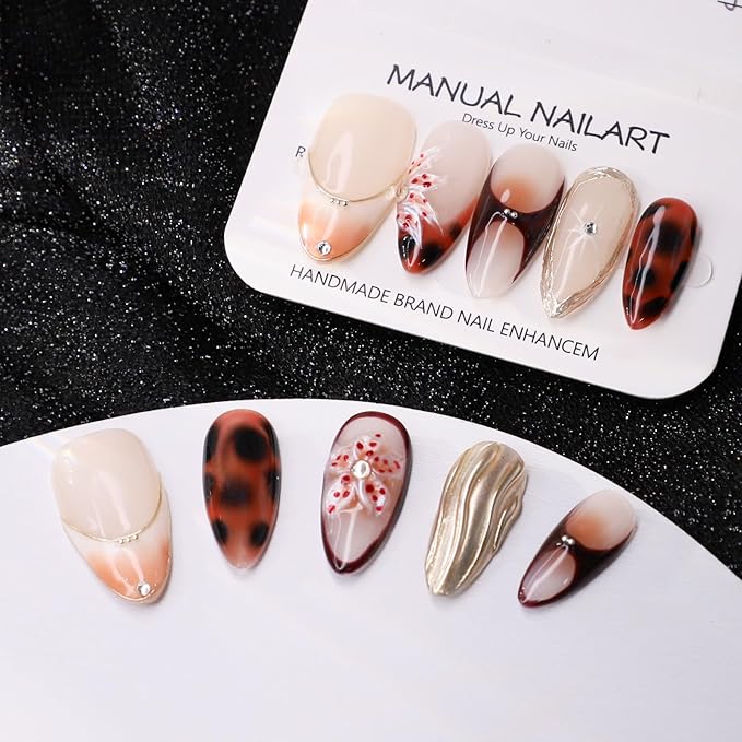 Handmade Press on Nails Full Cover False Nails with Vintage Leopard Print French Tip Designs Medium Almond Flower Press on Nails Glossy Thickened Golden Embossed Acrylic Nails for Women（Size S）
