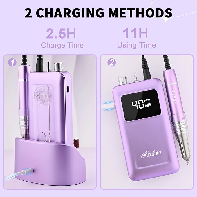 Kredioo Professional Nail Drill Brushless 40,000RPM Rechargeable 2-in-1 Portable Electric Nail File Ultra Silent Salon Must Haves Nail Tool Kit Removing Acylic Gels-Purple
