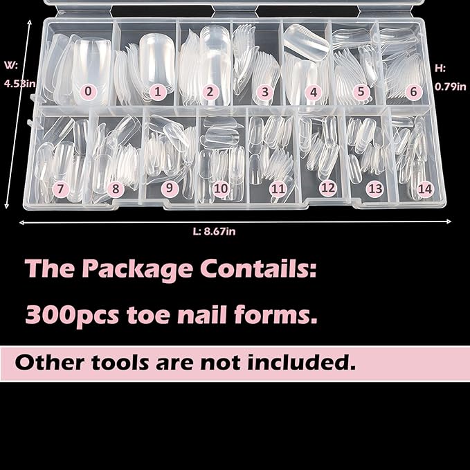 300pcs Toe Nail Dual Forms for Poly Gel Toenail Extension, Reusable Full Cover Molds for French Tip Acrylic Toenails for Salon and DIY at Home 15 sizes