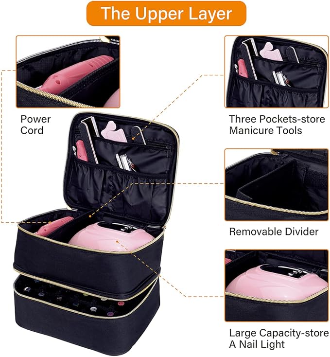 Nail Polish Organizer, Handheld Double Layer Organizer Holds 30 Bottles (15 ml/0.5 floz) with Adjustable Dividers for Nail Polish Small Manicure Lamp Manicure Tools Essential and Travel,Black