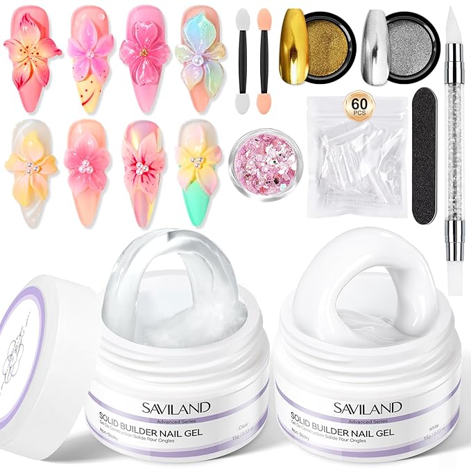 SAVILAND Advanced Non-Stick Solid Builder Nail Gel: Clear & White Instant Sculpting 3D Gels Non-Wipe Sculpting Gel for Nail Art Molding with Chrome Powder DIY Salon