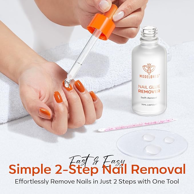 Modelones 50 ML Nail Glue Remover for Press On Nails, Upgrade Clear Stick On Nails Remover for Acrylic Tips, Nail Polish Remover with Wood Stick
