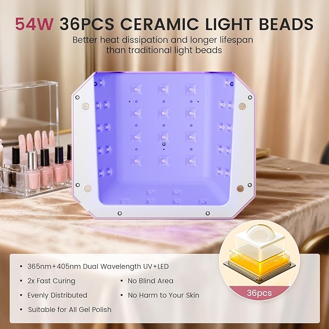 Lavinda 54W UV LED Nail Lamp – Plug-in Gel Nail Light with LCD Display, 4 Timers, Auto Sensor, Dual Wavelength, Nail Dryer for Home & Salon Pink
