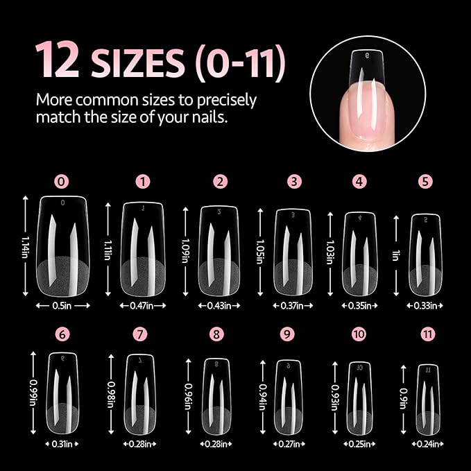 GAOY Medium Square Fake Gel Nail Tips, 12 Sizes False Full Cover Acrylic Press on Nails, 240Pcs Soft Half Matte Tips