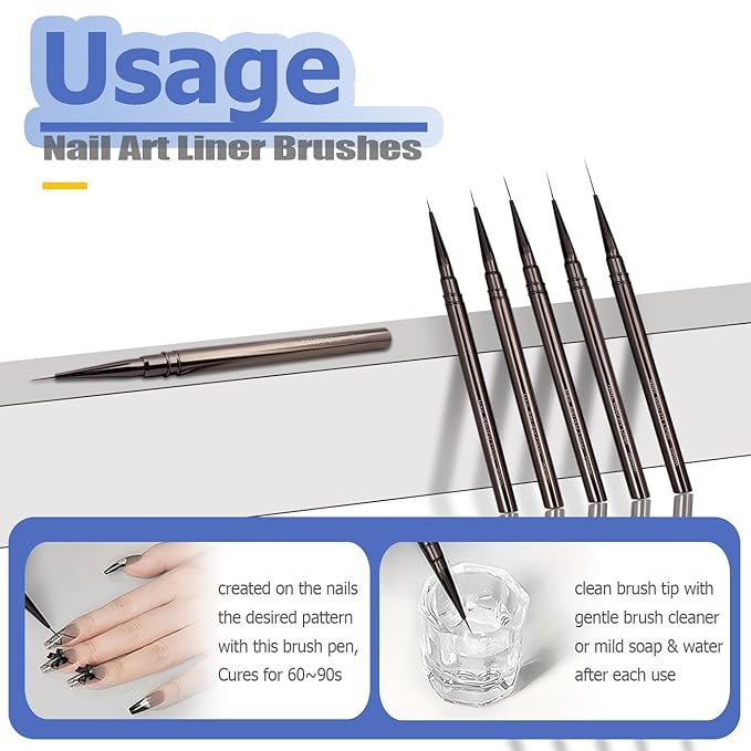Mesee 5 Pieces Nail Art Liner Brush Set, Nail Art Pens 6/9/12/15/18mm Fine Painting Nail Art Brushes Detail Nail Brushes Facial Painting Pen Brush Nail Dotting Drawing Tool for Tiny Details Long Lines