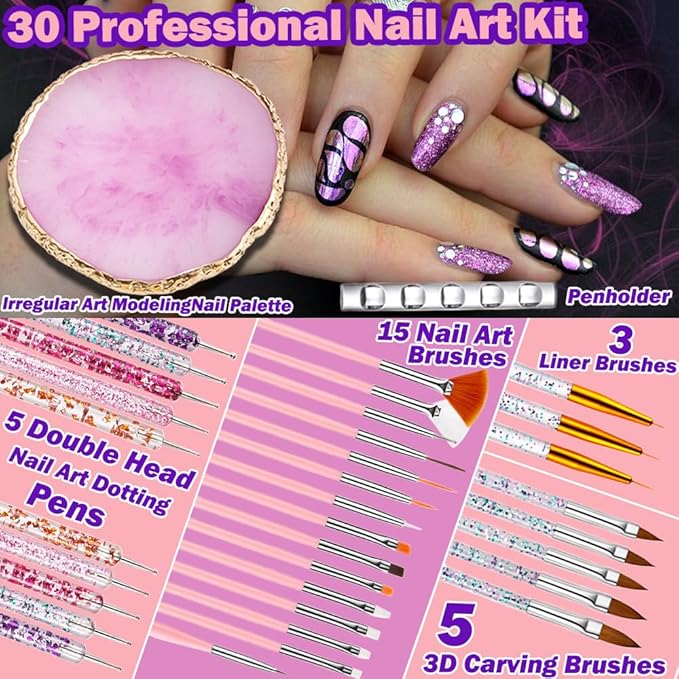 Nail Art Tools 30Pcs Set,Nail Art Pens Brush Resin Nail Art Palette,Nail Dotting Tools, Striping Nail Art Brushes for Long Lines,Nail Drawing Pen Dotting Pen Tools Nail Art Kit for Nail Art DIY