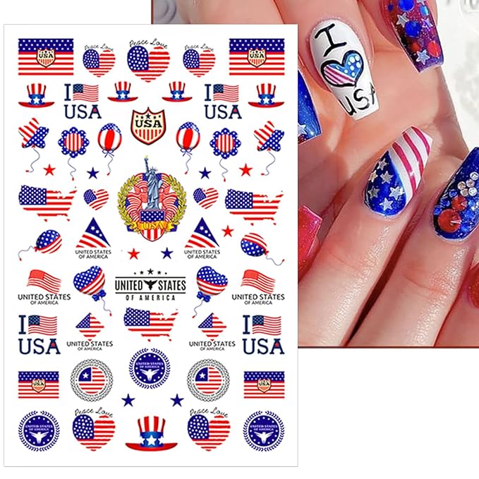 8 Sheets 4th of July Nail Stickers, Independence Day Patriotic Nail Decals, 3D Design Self-Adhesive Memorial Day USA Flag Star Nail Art